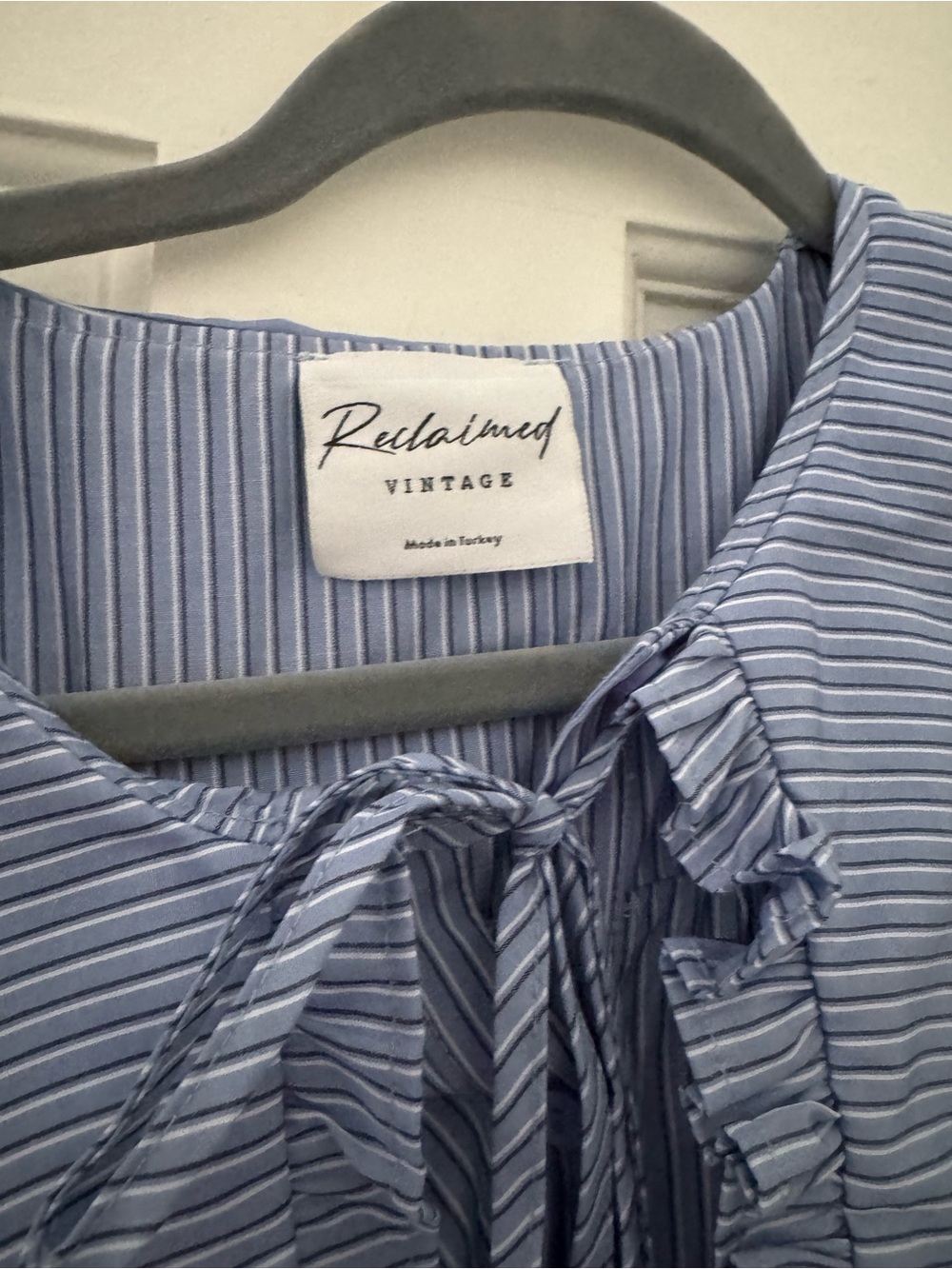 Reclaimed Vintage Blue Pinstripe Ruffle Collar Shirt Dress - Picture 3 of 3